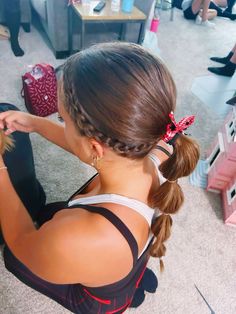 French Braid Volleyball Hairstyles, Hair For Field Hockey, Cute Hairstyles For Football Games Cheer Hair, Side Line Cheer Hairstyles, Cute Updos For Sports, Hairstyles With Cheer Bows, Jazz Hairstyles Dance, Cheer Low Pony Hairstyles