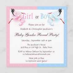 a pink and blue baby shower party with two birds on the front, one flying in the air