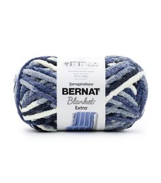 yarn ball with blue and white stripes on the top, in front of a white background