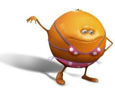 an orange is standing up with its arms and legs spread out, wearing a pink polka dot dress