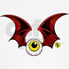 a red bat with yellow eyes on it's wings and an eyeball in the center