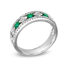 Emerald and 1/3 CT. T.W. Diamond Alternating Anniversary Band in 14K White Gold | Anniversary Rings | Wedding | Zales Fine Jewelry Green Emerald Ring With Single Cut Diamonds, Green Diamond Ring With Single Cut Emerald Shape, Classic Green Emerald Ring With Single Cut Diamonds, Green Emerald Cut Diamond Ring With Single Cut Diamonds, Green Diamond Ring With Diamond Accents, Green Emerald Diamond Ring With Pave Setting, Green Emerald Ring With Diamond Accents In Platinum, Platinum Emerald Ring With Diamond Accents, Green Emerald Diamond Ring With Accents