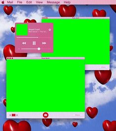 two screens with hearts floating in the air and one screen has a green screen on it