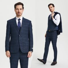 Prepare To Make A Commanding Statement At Any Occasion With The Stacy Adams Textured Plaid Windowpane 3-Piece Suit Set. This Ensemble Seamlessly Marries Classic Sophistication With Modern Comfort, Ensuring You Not Only Look Your Best But Feel Your Best. Crafted With Meticulous Attention To Detail, This High-Quality Men's Suit Boasts A Hybrid Fit For The Ideal Balance Of Style And Freedom Of Movement, Catering To A Wide Range Of Sizes From Skinny-Fit To Slim-Fit. Its Underarm Sweat Guards And Ver Tailored Blue Suiting Fabric Sets, Blue Business Suit Set, Blue Business Casual Suiting Sets, Custom Fit Blue Sets For Workwear, Blue Slim Fit Business Sets, Fitted Blue Sets For Business Casual, Semi-formal Fitted Blue Sets, Fitted Blue Semi-formal Sets, Fitted Blue Sets For Semi-formal Occasions