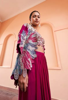 A flowy draped mulberry skirt matched with a top and a botanical inspired jacket for the IT look Embroidery Zardozi, Best Indian Wedding Dresses, Jacket And Skirt Set, Indian Bridesmaid Dresses, Wedding Fits, Lehnga Dress, Indian Bride Outfits, Feather Jacket, Designer Kurti Patterns