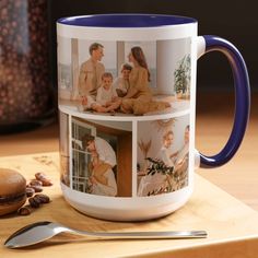 a coffee mug with three pictures of people on it next to a spoon and cookie