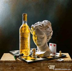 a painting of a chess board with a bottle of wine next to it on top