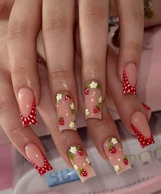 Strawberry Nails Square, Strawberry Shortcake Inspired Nails, Strawberry Shortcake Acrylic Nails, Strawberry Nails Acrylic Long, Short Nail Designs Strawberry, Frog And Strawberry Nails, Strawberry Shortcake Nails, Strawberry Nails, Nail Picking