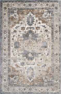 an area rug with various colors and patterns on the carpet, including blue, brown, beige