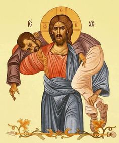 an icon of jesus holding the head of another person with his hand on his shoulder