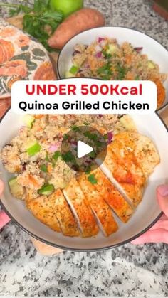 someone holding a plate with chicken, rice and vegetables on it that reads under 500kcal