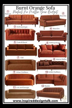 the different types of orange sofas are shown in this poster, with instructions to choose them