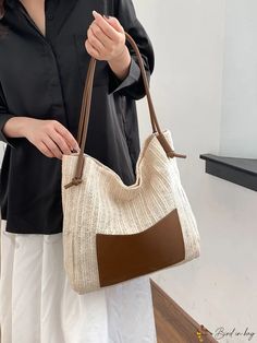 Bird in Bag - Casual Simple Design Tote Bag Rectangular Beige Bucket Bag For Errands, Beige Square Bucket Bag For Errands, Square Beige Bag For Errands, Beige Square Bag For Errands, Large Capacity Straw Tote Bag For Errands, Beige Canvas Shoulder Bag For Shopping, Beige Satchel Hobo Bag For Errands, Versatile Beige Shoulder Bag For Errands, Beige Shoulder Bag For Errands