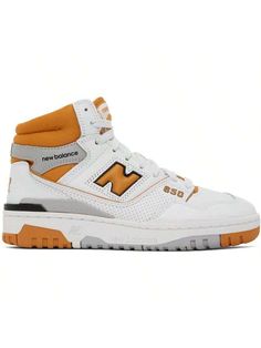 New Balance 
White & Orange 650 Sneakers 
High-top buffed leather and mesh sneakers in white and orange. Perforated detailing throughout. 
. Lace-up closure 
. Logo patch at padded tongue 
. Padded collar 
. Logo appliqué at sides 
. Logo printed at sides and heel 
. Mesh lining 
. Treaded rubber sole 
Supplier color: White/Canyon 
Upper: leather, textile. Sole: rubber. 
Made in China. 
231402F127005 
White & Orange 650 Sneakers default         Sports & Outdoor Shoes, size features are:Bust: ,Le Low-top Basketball Shoes With Studded Rubber Outsoles, Sporty Lace-up Basketball Shoes With Studded Outsoles, High-top Sneakers With Studded Rubber Outsoles For Light Sports, Sporty Mid-top Basketball Shoes With Studded Outsoles, High-top Sneakers With Studded Outsoles For Light Sports, Lace-up Basketball Shoes With Studded Outsoles For Sports, High-top Basketball Shoes With Studded Outsoles, Sporty Basketball Shoes With Studded Rubber Outsoles, White Lace-up Basketball Shoes With Studded Rubber Outsoles