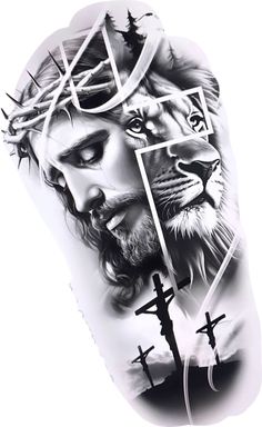 the face of jesus with two crosses and a lion on his shoulder is shown in black and white