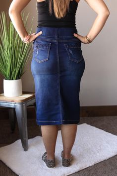 Elastic Waist Slightly Distressed Ruched Stretch Denim Knee Length Skirt for Women A dark wash, below knee length denim skirt in a stretchy material! Has slight distress marks and ruched detail pockets. The Fit of This Boutique Skirt: Pictured of a typical Medium bottom wearing the Medium. See approximate flat lay measurements (chest, waist) below. Not sure how to compare? Watch our guide here. X-Small: 14" waist, 17.25" hips, 27.5" lengthSmall: 15" waist, 18" hips, 27.5" lengthMedium: 16" waist Modest Shirts, Christian Modesty, Cute Church Outfits, Skirt Classy, Knee Length Denim Skirt, Modest Shirt, Modest Clothing For Women, Modest Boutique, Modest Clothing Women