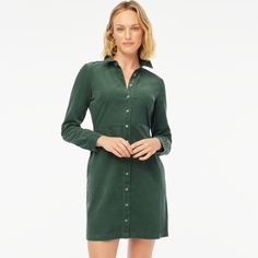 Long-sleeve button-up corduroy mini dress Mini Shirt Dress Outfit, Shirt Dress Outfit Winter, Green Corduroy Dress, Classic Fall Style, Fall Suit, Fall Workwear, Clothes For Women Over 50, Shirt Dress Outfit, Denim Essentials