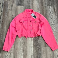 Brand: Labijou Style: Distressed Crop Jean Jacket Size: Large Color: Pink Pink Jean Jacket, Hot Pink Denim, Jeans Rosa, Cute Cowgirl Outfits, Uniform Ideas, Concert Ideas, Bday Wishes, Pink Denim Jacket, Cowgirl Jeans