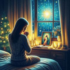 a woman sitting on a bed in front of a window with lit candles and a christmas tree