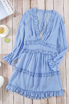 Sky Blue V Neck Ruffle Detailing Open Back Long Sleeve Dress Open Back Long Sleeve Dress, Sky Blue Dress, Mini Robes, Open Back Dresses, Ruffle Mini Dress, Wholesale Dress, Blue V, Neck Ruffle, Shop Maxi Dresses