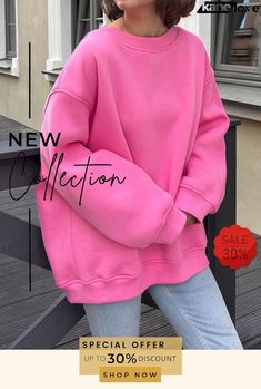 Long Sleeves Loose Solid Color Round-neck Sweatshirt Tops Pink Drop Shoulder Winter Top, Oversized Pink Plain Tops, Plain Pink Tops For Fall, Fall Pink Drop Shoulder Top, Round Neck Sweatshirts, Elevate Your Style, Your Style, Round Neck, Women's Fashion