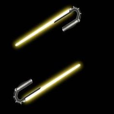 two lightsabes are glowing in the dark with yellow light coming from one end