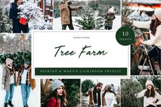 a collage of photos with trees and people in the snow, including one woman wearing a