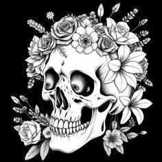 a skull with flowers on it's head is shown in black and white ink