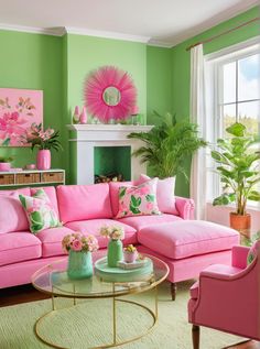 a living room filled with pink and green furniture