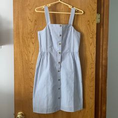 Brand New Adorable J. Crew Seersucker Button Front Dress! Never Worn Before And Perfect For Warm Weather Events! Blue/White Color! Summer Cotton Sundress With Button Closure, Cotton Sundress With Button Closure For Summer, Summer Cotton Button-up Sundress, Casual Sundress With Button Closure For Daywear, Casual Spring Sundress With Button Closure, Casual Buttoned Sundress For Spring, Casual Button-up Sundress With Button Closure, Eyelet Shirt, Orange Midi Dress