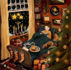 a painting of a person laying in bed next to a christmas tree