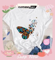 Women Fashion Fun Butterfly Pattern Printed Round Neck Short Sleeve T-shirt Aesthetic Women, Special Occasion Outfits, Fairy Grunge, Butterfly Pattern, Grunge Aesthetic, Summer Tshirts, 90s Fashion, Print Tops, Stylish Outfits