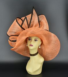 Sinamay Straw Hat With Curved Brim For Party, Fitted Wide Brim Orange Hat, Royal Ascot Wide Brim Sinamay Top Hat, Wide Brim Mini Hat In Sinamay For Church, Wide Brim Sinamay Mini Hat For Church, Elegant Orange Summer Costume Hat, Elegant High Crown Hat For Beach, Orange Fitted Hat For Church, Elegant Beach Hat With High Crown