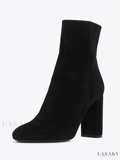 Lasaky - Chic Black Suede Block Heeled Pointed Toe Ankle Boots Suede High Ankle Evening Boots, Black Martin Boots With Block Heel For Fall, Evening High Ankle Suede Boots, Chic Black Ankle-high Martin Boots, Black Booties With Padded Ankle For Fall, Black High Heel Boots For Fall, Ankle-high Boots For Winter Night Out, Ankle-high Boots For Night Out In Winter, Fall Night Out Round Toe Mid-calf Boots