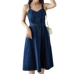 Casual Mid-length Denim Dress, Non-stretch Denim Dress In Dark Wash, Non-stretch Dark Wash Denim Dress, Casual Sleeveless Dark Wash Midi Dress, Casual Dark Wash Midi Denim Dress, Dark Wash Mini Denim Dress For Summer, Fitted Medium Wash Midi Dress For Summer, Casual Dark Wash Cotton Midi Dress, Casual Midi Length Denim Blue Dress