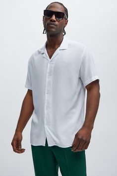 Model Height: 6'2 - Wearing Large Big & Tall: Height 6'3 - Wearing XXXL Available In Red, Black, And White. Short Sleeve Fold Down Collar Button Front 100% Viscose Imported | Mens Dawson Relaxed Short Sleeve Cuban Collar Shirt in White size Large by Fashion Nova Button Up Fashion, Cuban Collar Shirt, Tall Height, Fashion Shirts, Mens Button Up, Woven Top, Collar Shirt, Mens Activewear, White Short