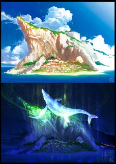 two pictures of an island and a shark in the ocean, one with green light coming from it's mouth