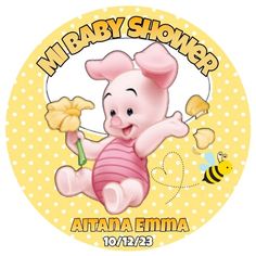 a baby shower logo with a pig holding a flower