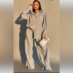 Brand New Set From Pretty Little Thing. Size 6. Large Fit. High Waisted Wide Leg Pants, Looks Street Style, Co Ords, Matching Shirts, Modest Outfits, Oversized Shirt, Wide Leg Trousers, Look Fashion, Modest Fashion