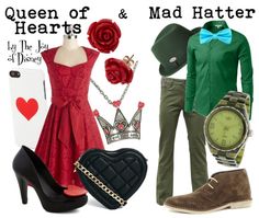 the queen of hearts and mad hatter is dressed in green, red, and brown