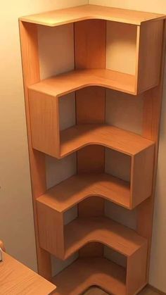 a corner shelf in the corner of a room