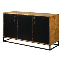 a black and wood cabinet with metal legs