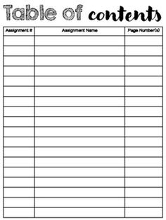 the table of contents is shown in this worksheet for students to practice their writing skills