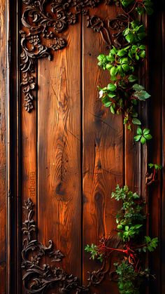 an old wooden door with vines growing on it's side and wood paneling in the background