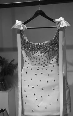 a white dress hanging on a hanger next to a potted plant in a black and white photo