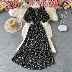 Orcajump - Vintage Style Floral Chiffon Dress with Cinched Waist and Elegant Sweep Hem Floral Chiffon Dress, Floral Chiffon, Types Of Skirts, Cinched Waist, A Line Skirt, Chiffon Dress, Types Of Collars, A Line Skirts, Black Background