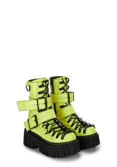 cuz once ya do a double-cross, ya gotta be ready to fight! Get gnarly in these chunky combat boots that have a vegan leather construction, adjustable contrast colored lace-ups, D-ring hardware, double buckled straps, and side zip closures. Edgy Combat Boots For Spring Streetwear, Edgy Combat Boots With Lacing And Round Toe, Edgy Moto Boots With Lug Sole For Spring, Edgy Spring Moto Boots With Lug Sole, Spring Edgy Moto Boots With Lug Sole, Edgy Spring Boots With Lug Sole, Spring Edgy Boots With Lug Sole, Edgy Boots For Streetwear In Spring, Edgy Boots For Spring Streetwear