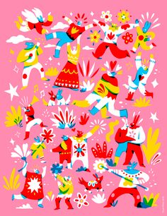 an illustration of people dancing and having fun with each other on a pink background,