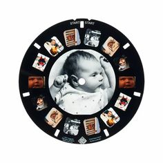 a black clock with pictures of babies on it's face and the words start start