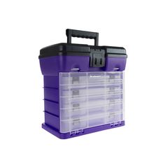 a purple plastic tool box filled with lots of drawers